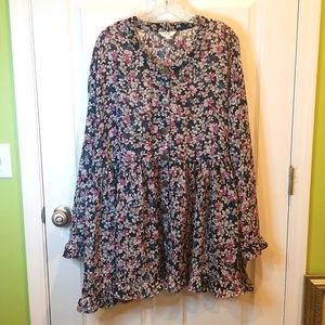 Terra & Sky Women's Plus Size Button Down Babydoll Style Black Floral Blouse, 3X